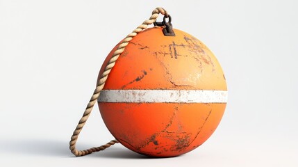 A highly detailed orange buoy with visible texture, weathered edges, and a sturdy rope