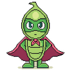 Pixel Art Green Superhero Character with Mask and Pink Cape on Transparent Background