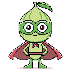 Pixelated Green Fruit Superhero with Red Cape Against Transparent Background