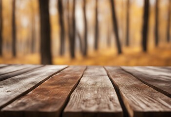 Fototapeta premium front autumn wooden board background themed bright defocused tree countryside rustic bokeh leaf place natural kitchen fall branch gold nature forest empty product colourful seasonal garden montage