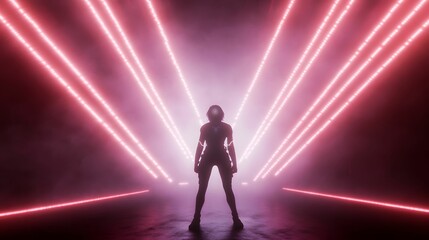A silhouette stands confidently against vibrant pink laser beams in a misty atmosphere, creating an energetic and dramatic visual impact.