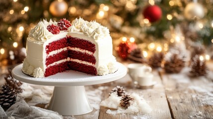 Festive Red Velvet Cake Displayed with Creamy Frosting and Holiday Decorations in a Cozy Atmospheric Setting for Celebratory Moments and Sweet Treats