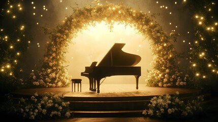 A grand piano sits elegantly on a stage adorned with flowers and soft lighting, creating a magical, serene atmosphere perfect for music.