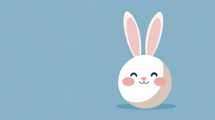 Obraz premium A flat stylized, round-shaped rabbit with oversized ears and soft pink cheeks, positioned on the right, set against a solid sky blue background, Image for Easter background