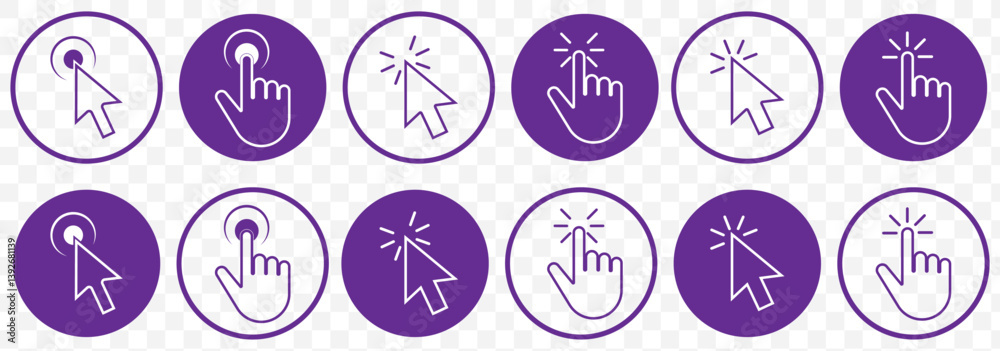 Aufkleber Purple mouse click pointer icon set. mouse cursor icon set. mouse cursor hand pointer. arrow pointer set. vector illustration on transparent background. EPS 10.