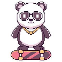 Pixel Art Panda on Skateboard with Shades and Gold Chain with Transparent BG