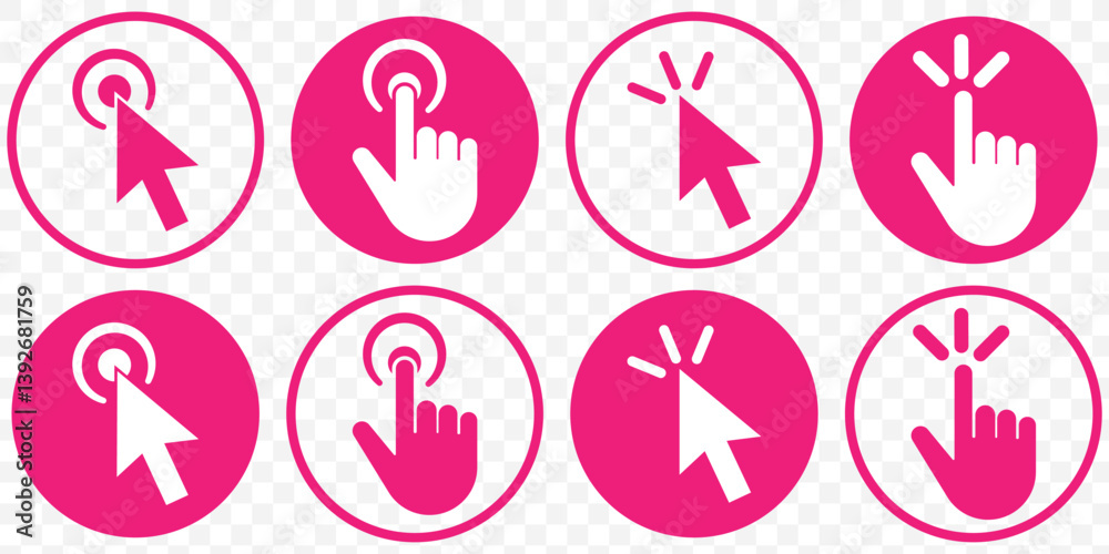 Poster set of pink cursor icons click, featuring various mouse click cursor designs. editable cursor icon v