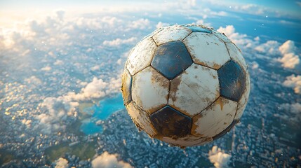 Hyper realistic soccer ball floating zero gravity above Earth breathtaking view of planet blue ocean white cloud background ball detailed visible leather texture tiny speck of cosmic dust around