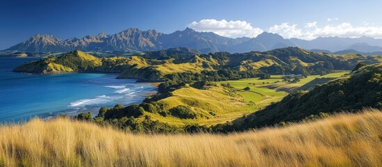 Naklejka premium Coastal hills, ocean view, sunny day, travel brochure