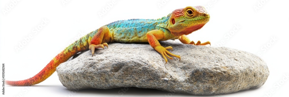 Poster colorful lizard perched on textured rock, showcasing vibrant hues on a bright background with subtle