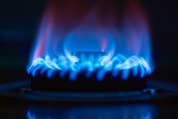 A gas stove burner with a bright blue flame, glowing against a dark backgroundA gas stove burner...