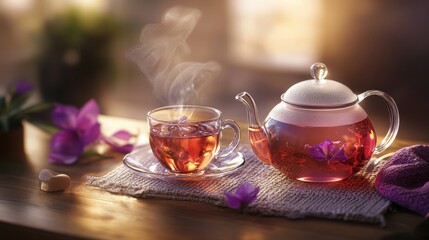 Fototapeta premium Hot tasty tea is served. Healthy drink. Relaxation.