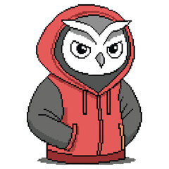 Pixel Art Owl in Red Hoodie, Cartoon Bird with Transparent Background Design