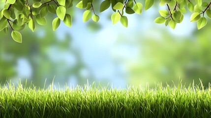 A spring day with a green grass meadow, bright sunlight, tree leaves, and a warm color background with copy space. 