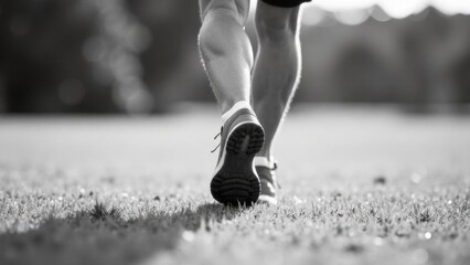 Close-Up of Athlete’s Feet Running on Grass, Dynamic Motion in Black and White, Sports and Fitness Concept. Global Running Day.World Health Day. 