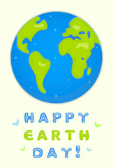 Happy Earth day postcard, poster with inscription. Bright planet and own trendy y2k bubble font text. Ecology concept banner, save and love nature, greeting card in blue and green colors