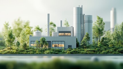 Obraz premium Modern Industrial Facility Surrounded by Greenery and Trees on a Bright and Clear Day in Eco-Friendly Setting