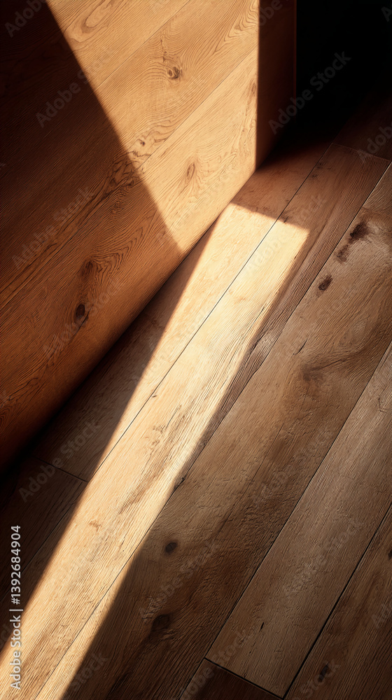 Aufkleber light and shadow on light brown wood floor and wall, creating a geometric pattern. showcase of natur
