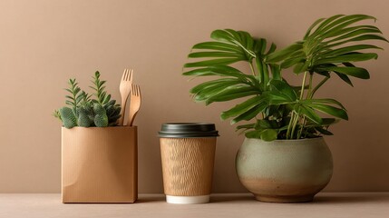 Fototapeta premium Sustainable lifestyle concept with eco friendly coffee cup, kraft paper bag, wooden cutlery, and tropical plants on neutral background. 