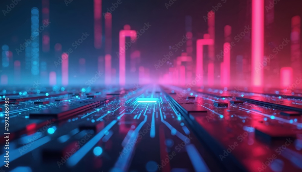 Aufkleber Futuristic tech illustration of circuit board with glowing lines. Computer chip central processing unit, digital network system. Tech background for innovation, digital transformation. New technology.