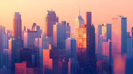 Fototapeta premium Cityscape at Dawn: A stunning cityscape bathed in the soft, warm hues of a new dawn, with tall skyscrapers. capturing the majesty of urban life and the promise of a fresh start.