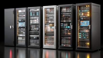Five server racks in a dark setting, showcasing various technological components and displaying diverse designs and styles.