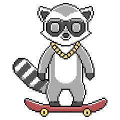 Pixel Art Raccoon Riding Skateboard with Sunglasses and Golden Chain on Transparent