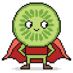 Pixel Art Kiwi Superhero, Cute Face, Cape, Red Costume, Isolated on White