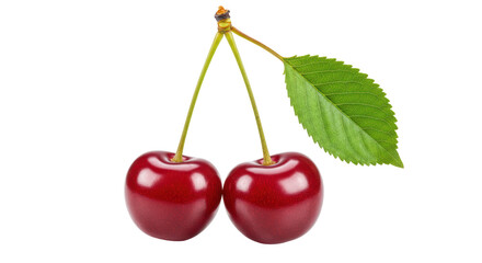 Isolated Two Cherries with Stem and Leaf