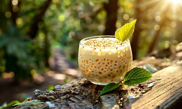 Dessert glass with tapioca pearls on tree, sunlight filtering through forest