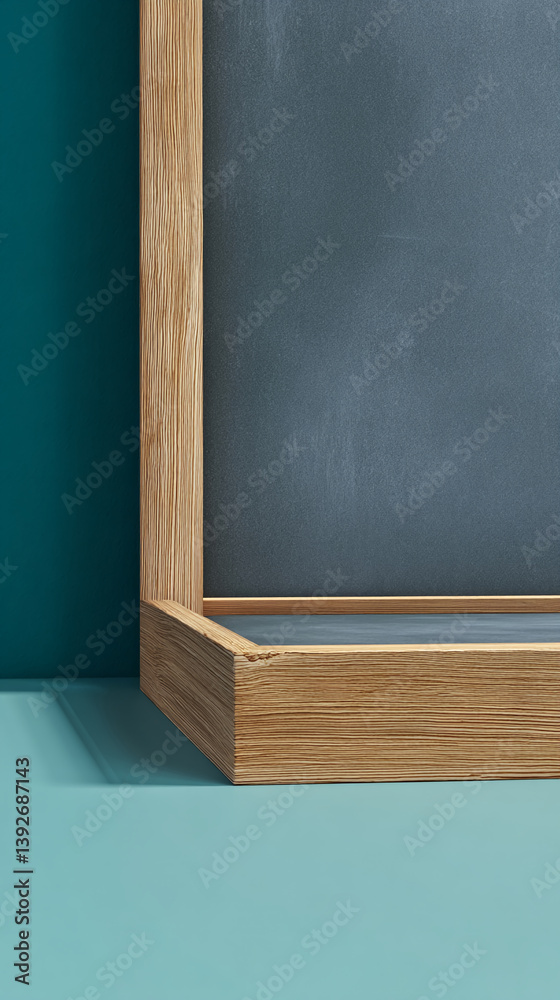 Poster wooden frame with gray surface, teal background, showcasing blank space ideal for text or product di