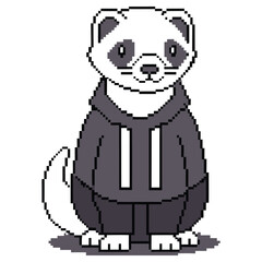 Cute pixel art ferret with hoodie, sitting pose, transparent background