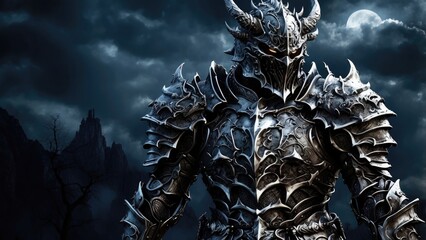 an image of a dark knight in armor standing in front of a moonlit sky