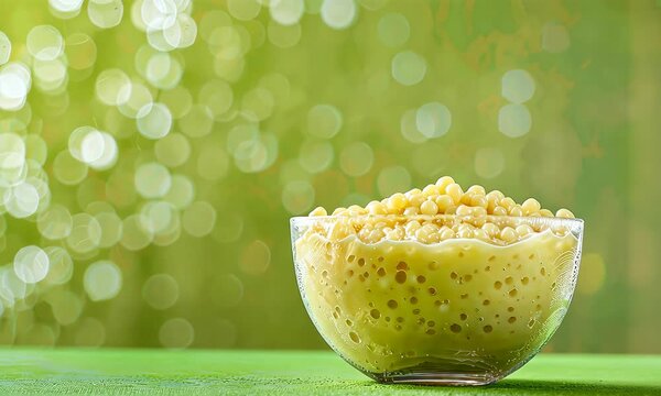 Dessert bowl with yellow tapioca pearls against green bokeh background