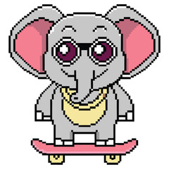 Pixelated Gray Elephant with Scarf on Skateboard, Pink Ears Transparent Background