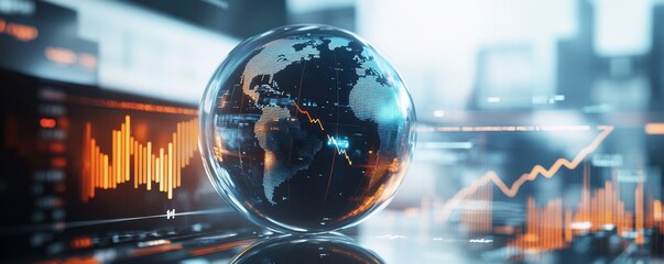 a globe with stock market graphs on it, representing global financial trends A glass sphere containing the Earth is placed against an abstract background showing upward trend lines Generative AI