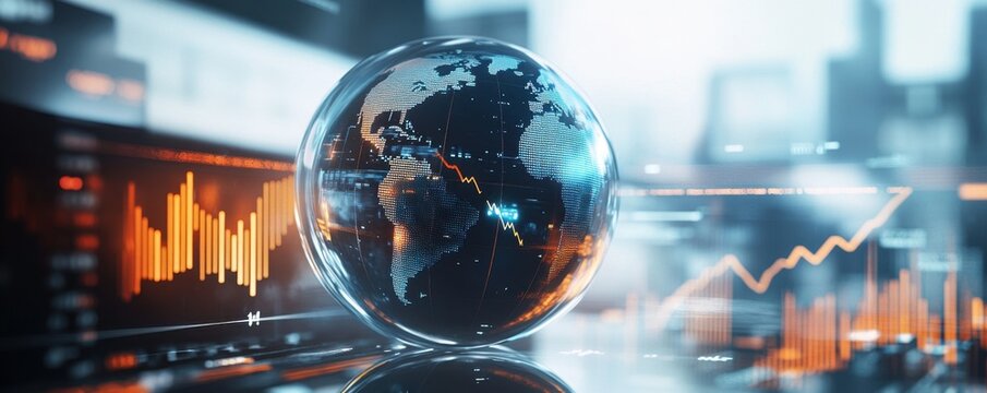 a globe with stock market graphs on it, representing global financial trends A glass sphere containing the Earth is placed against an abstract background showing upward trend lines Generative AI