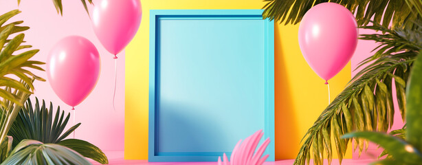 Colorful festive background with blue frame, pink and yellow balloons, and tropical leaves. Perfect for party invitation or celebration greeting.