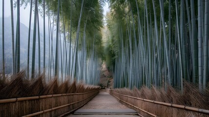 Fototapeta premium Pathway Through a Misty Bamboo Forest with Bamboo Fences