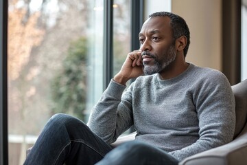 Man contemplating, pensive, by window