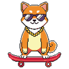 Cool Pixel Art Shiba Inu Dog with Sunglasses & Gold Chain on Skateboard 8 Bit Style
