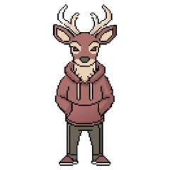 Pixel art deer character with hoodie and pants on a transparent background design