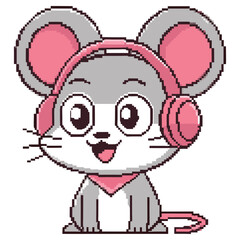 Cute Pixel Art Mouse Cartoon with Headphones and Pink Details on Transparent