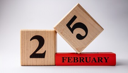 Minimalist photo of a wooden blocks with date 25 February. Day and month, calendar on white background