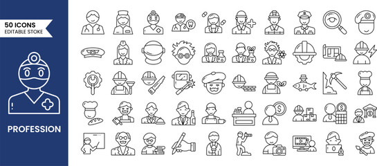 Professions icons set in line style. Containing Career people, people profession, police, chef, waiter, doctor and more. Vector illustration