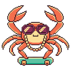 Pixel Art Crab Wearing Sunglasses and Necklace on Skateboard, Transparent