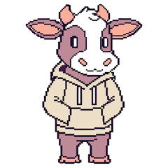 Pixel Art Cute Cow with Hoodie on Transparent Background, Cartoon Farm Animal