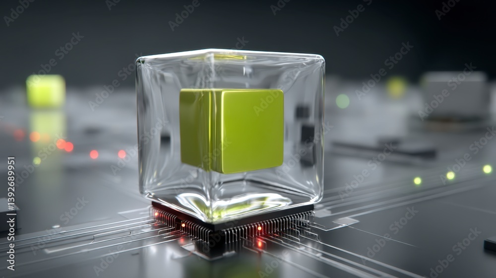 Poster abstract image of a glowing yellow cube inside a transparent cube on a circuit board.