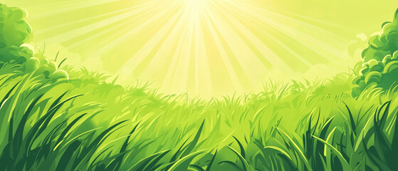 Obraz premium Bright fresh Spring banner with rays of light from a sunburst shining on a lush grassy green meadow 