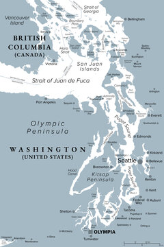 Puget Sound region, U.S. state of Washington, gray political map. Coastal area of ​​Pacific Northwest, including Puget Sound, its basins and lowlands, between Olympic Peninsula and Cascade Range.